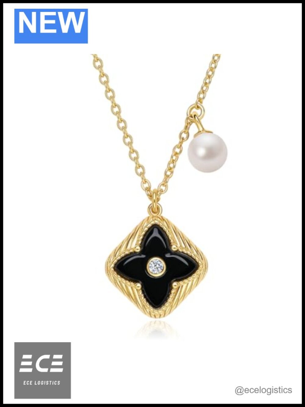 S925 Sterling Silver 18K Gold Plated Black Onyx Clover Pendant Necklace